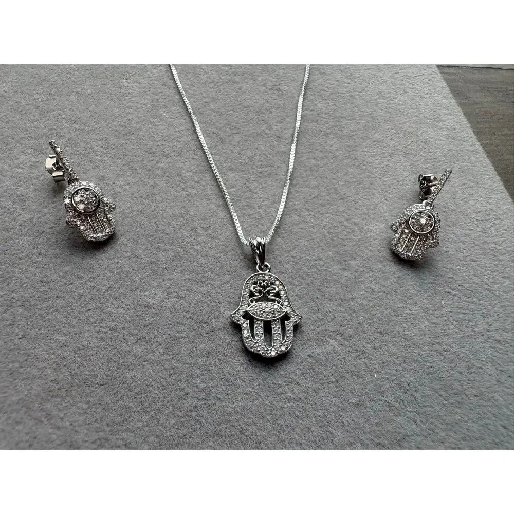 NWT Hamsa Moissanite Necklace & Earring Bundle - 925 Silver - Picture 9 of 10